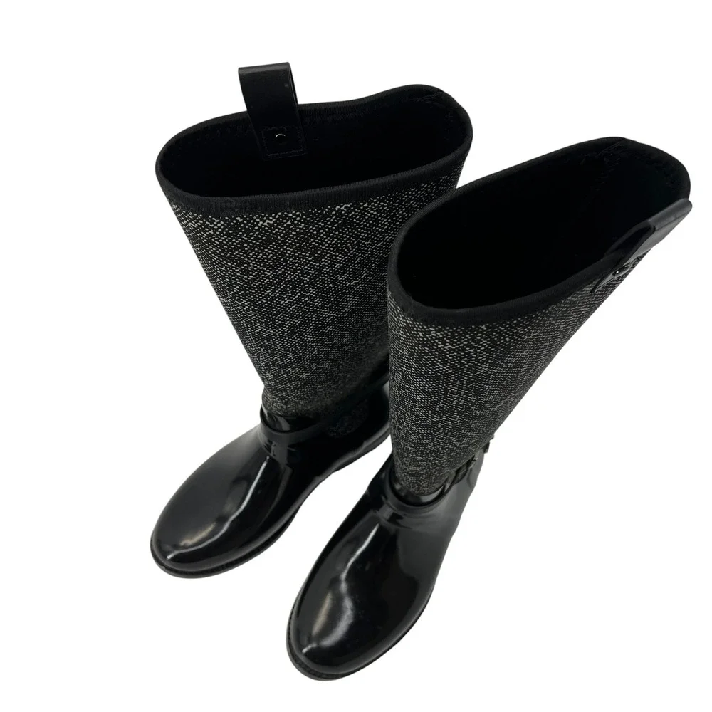 Michael Kors Fulton Black Tweed Neoprene Tall Rain Boots Women 7M Silver MK Logo